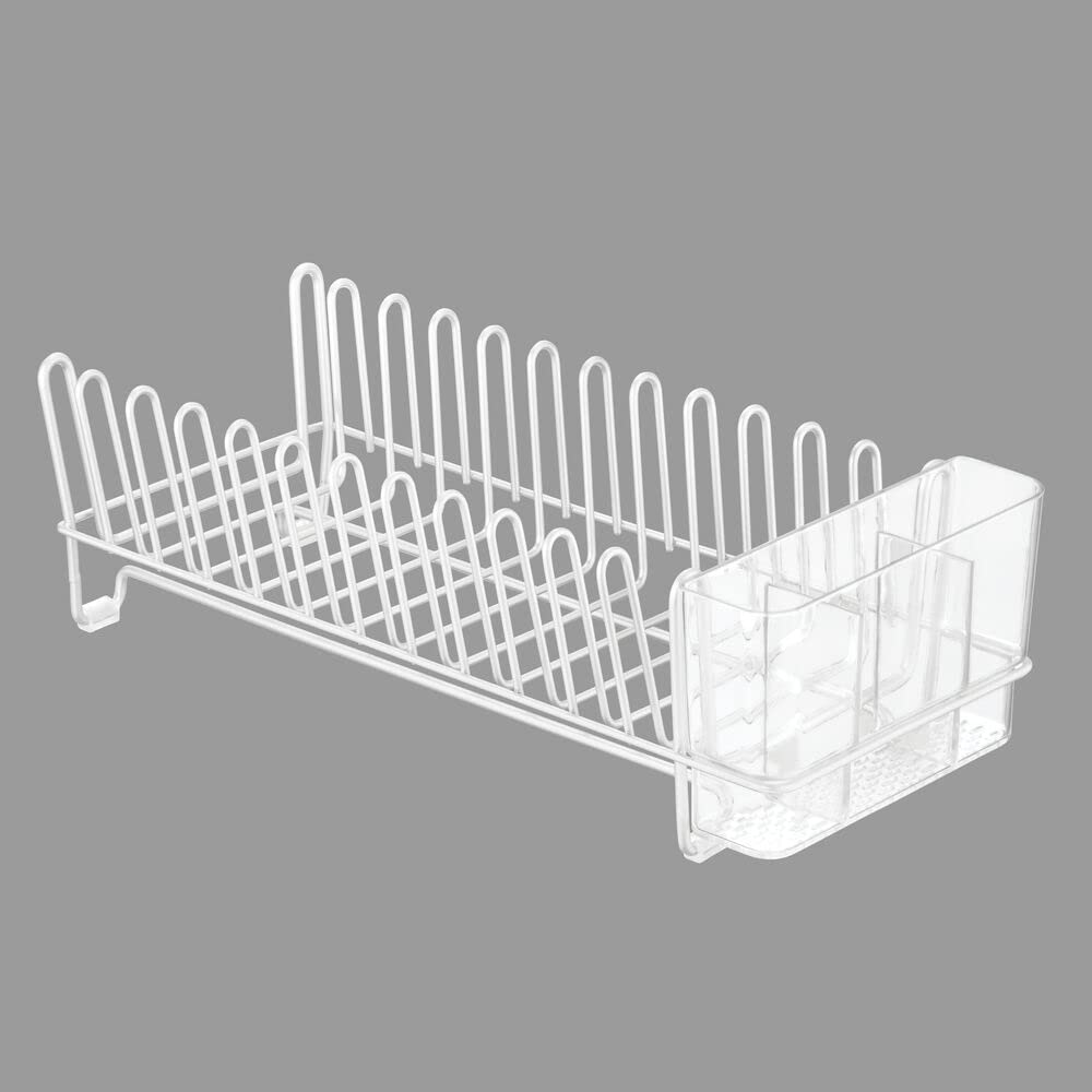 mDesign Kitchen Sink Dish Drainer – Small Metal and Plastic Dish Rack for Kitchen Sink – Dish Drying Rack with Drip Tray for Plates and Cutlery Basket – White/Clear