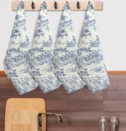 French Country Toile Kitchen Towels - 100% Cotton Blue Dish Towels - 4 Pack