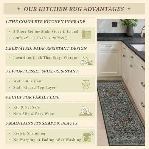 3-Piece Vintage Botanical Kitchen Rug Set, Washable Non-Slip Floor Mats
