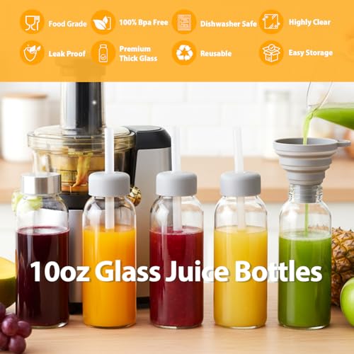 10 oz Glass Juice Bottles with Lids, 6 Pack – Leakproof Reusable Bottles