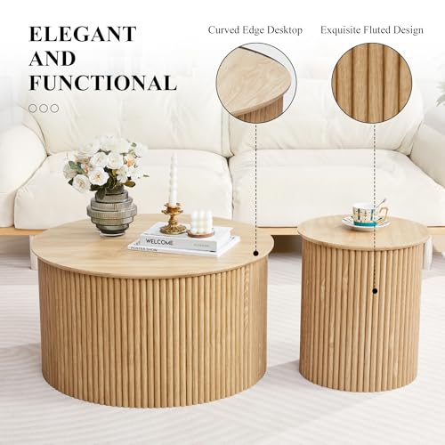 Fluted Round Nesting Coffee Table Set of 2, Modern Wood Center Tables