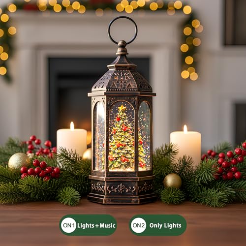 10.5-Inch Musical Christmas Tree Snow Globe Lantern with Cardinals
