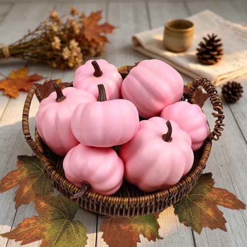 7-Piece Pink Artificial Foam Pumpkin Set for Fall Thanksgiving Decor