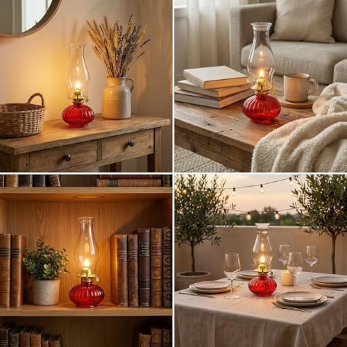 13-Inch Large Glass Kerosene Oil Lamp - Rustic Hurricane Lantern (Red)