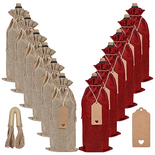 Reusable Burlap Wine Gift Bags with Drawstrings & Tags - 12 Pack (750ml)
