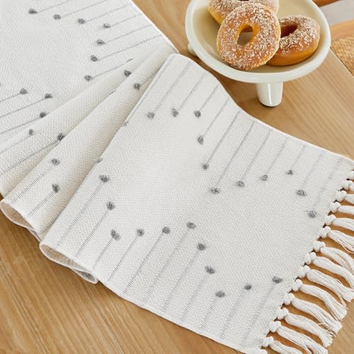 Wracra Boho Table Runner 14x108 Inches - Grey Woven Rustic Home Decor
