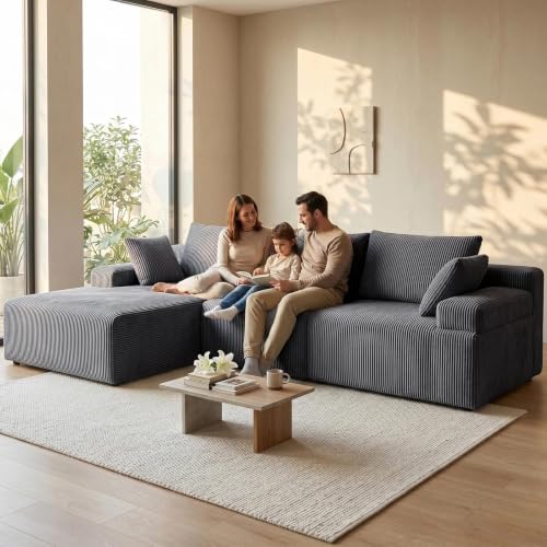 108-Inch L-Shaped Modular Sectional Sofa with Deep Seats and Flannel Cover