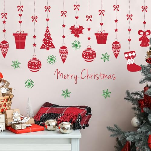 BYOCEW Merry Christmas Pine Tree Snowflake Wall Decals - Red