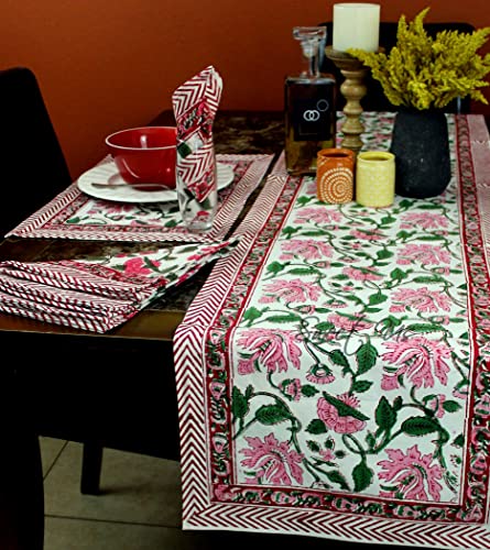 Palace Pink Lotus Cotton Table Runner & Napkin Set, 14x72 Inches
