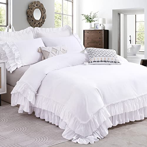 Queen Size White Ruffle Duvet Cover Set - Soft Cotton Bedding