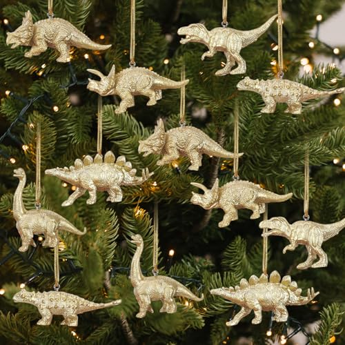 Fiwochic 12-Pack Dinosaur Christmas Tree Ornaments Hanging Decor - Gold Holiday Decorations