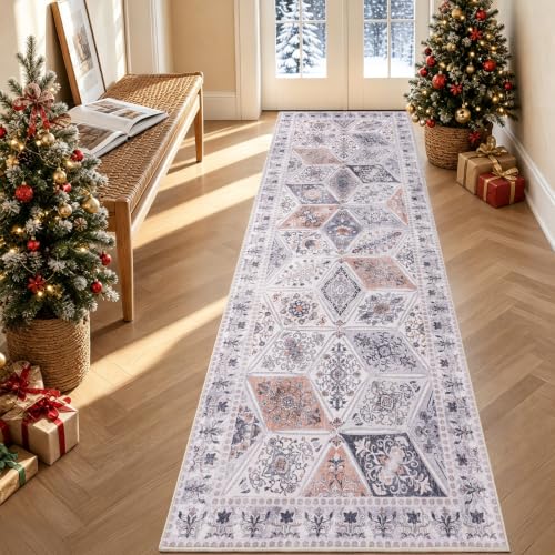 Qulint Boho Patchwork Moroccan Runner Rug 2x6 Feet Beige Grey & Blush Vintage Style