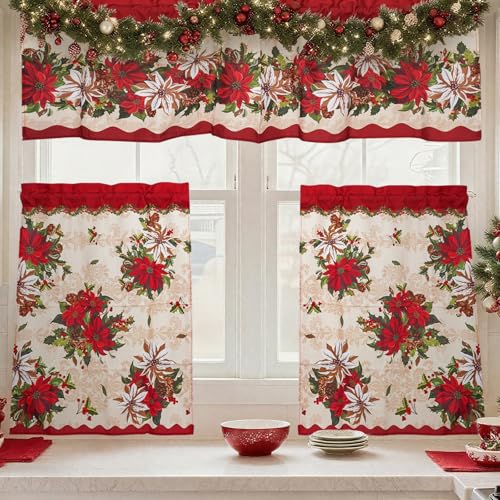 Red Christmas Flower Kitchen Curtains Set - Holiday Plaid & Snowflake Valances