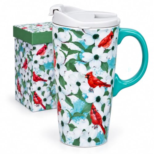 Topadorn 17oz Cardinal Dogwood Mug with Teal Handle & Lid - Redbird & Flower