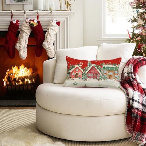 RABUSOFA 12x20 Christmas Pillow Cover Wonderland Forest House Red - Pack of 1