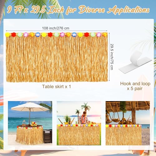 Hawaiian Grass Table Skirt with Flowers, 9ft Tropical Luau Table Decor