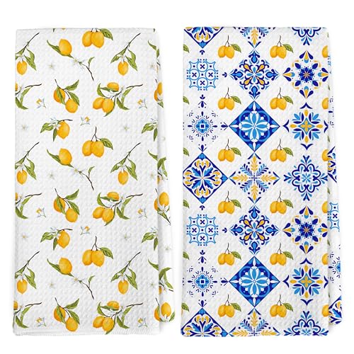 Dibor Italian Lemon Kitchen Towels Set of 2 - Mediterranean Decor, Yellow Lemon & Blue Tile, 16x24 Inches - Lemon4
