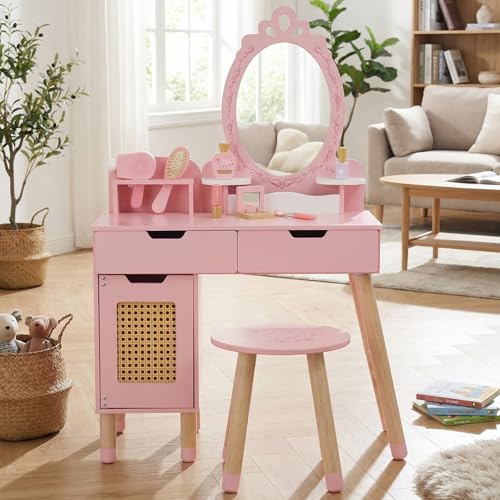 Kids Pink Vanity Table and Chair Set with 7 Pretend Play Makeup Accessories