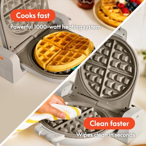 Compact Flip & Store Belgian Waffle Maker - Non-Toxic Ceramic, Oatmilk