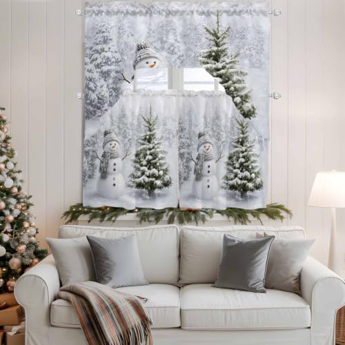 Jnbasdffb Christmas Kitchen Curtain and Valance Set 3 Pieces - 27.5"W x 24"L Snowman Pine Tree Short Tier & Swag, Grey White Green