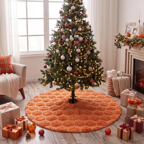 36-Inch Plush Faux Fur Fall Tree Skirt with 3D Pumpkins for Thanksgiving