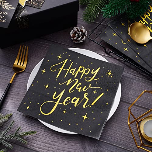 Whaline Black Gold Happy New Year Paper Napkins, 80 Pcs - Disposable Dinner Napkins