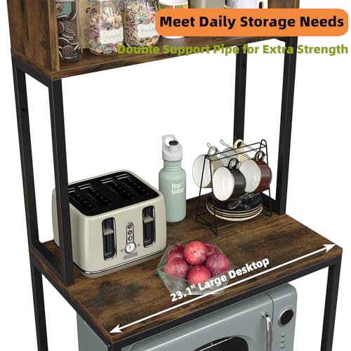 5-Tier Kitchen Bakers Rack with Power Outlet and Cabinet, Rustic Microwave Stand