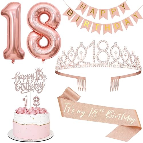 18th Birthday Decoration Set, Rose Gold Tiara, Sash, Banner & Party Supplies