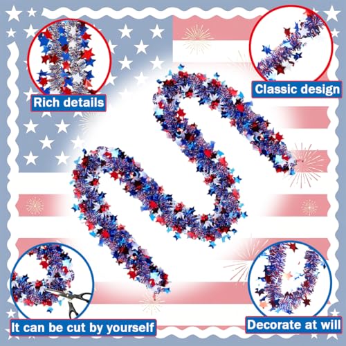 Patriotic Red White & Blue Star Tinsel Garland - 33 Ft 4th of July Decor