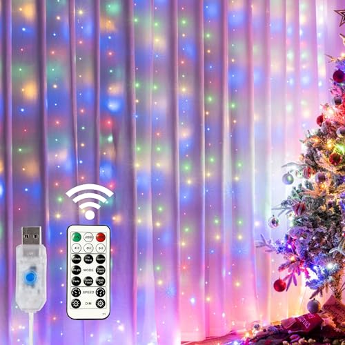 Multicolor 300 LED Window Curtain String Lights with Remote & USB Waterproof for Christmas Party