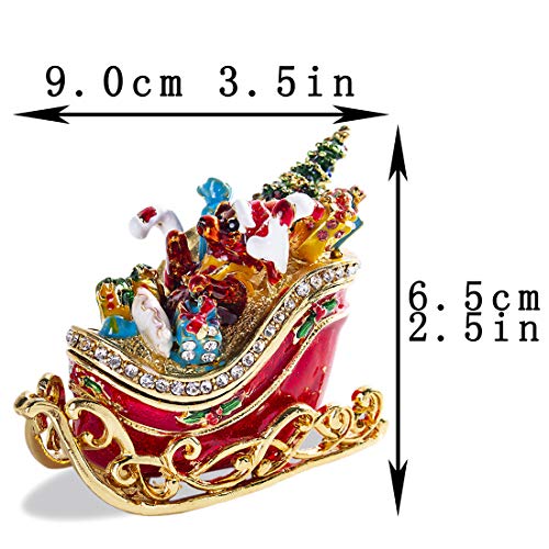 YU FENG Christmas Sleigh Trinket Box with Hinged Enamel & Crystals, 3.5 inch Holiday Decor