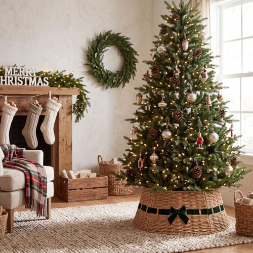 Christmas Tree Collar Basket with Green Bow 23.6'' Wicker Base Cover – Forest Green Velvet