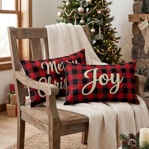 Artscope Joy Merry Christmas Lumbar Throw Pillow Covers 16x24 in Black & Red (Set of 2)