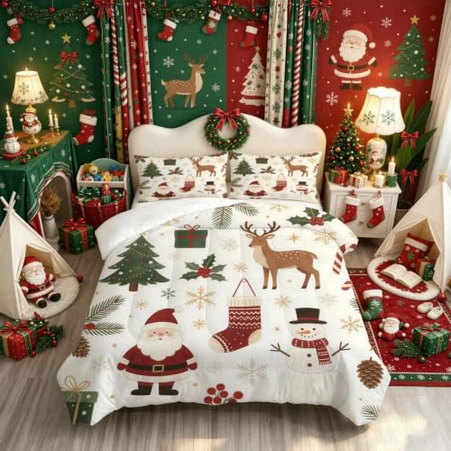 Kids Christmas Comforter Set Full - DJNEAR Santa Snowman Bedding 79x90in