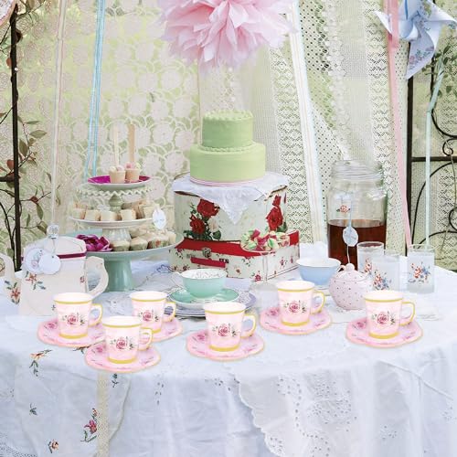 50 Pcs Pink Floral Disposable Tea Cups & Saucer Sets with Gold Rim for Parties - Serve 25 Guests
