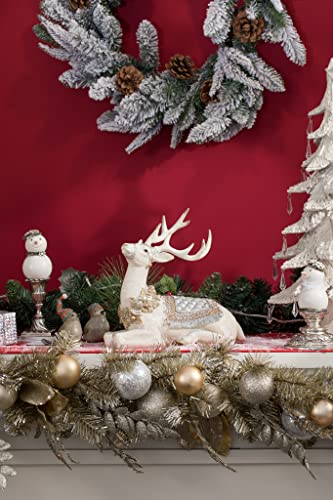 Newman House Studio 2-Pack Sitting Reindeer Figurines Christmas Decor - Cream & Gold, 10.6 x 4.5 x 9.5 inches
