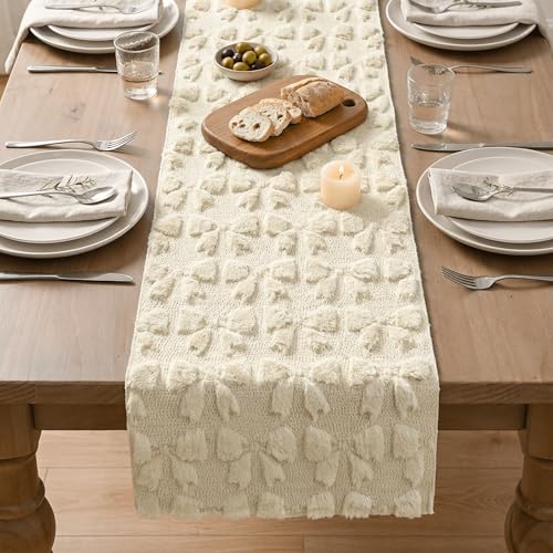 13x60 Inch Beige Faux Fur Jacquard Bows Table Runner - Valentine's Home Decor