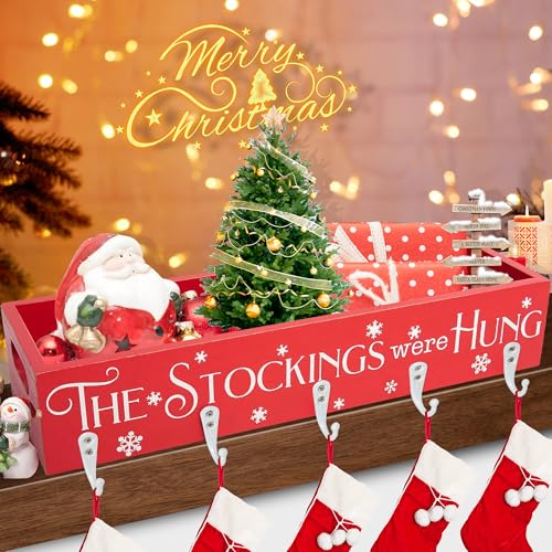 Wooden Christmas Stocking Holder for Mantel with 5 Hooks, 16-Inch