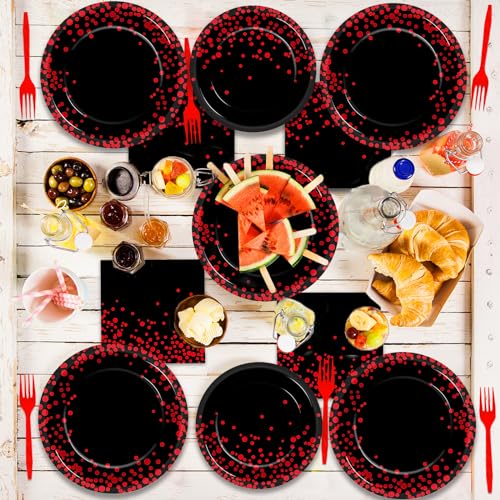 96-Piece Black and Red Disposable Party Tableware Set for 24 Guests