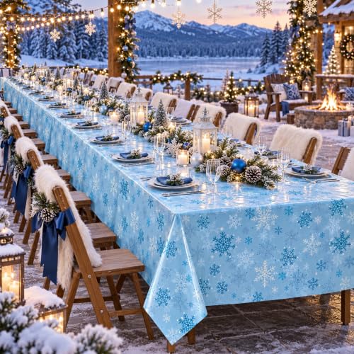 Light Blue Snowflake Christmas Tablecloth Roll 4.5 x 100 ft - Disposable Backdrop for Winter Party
