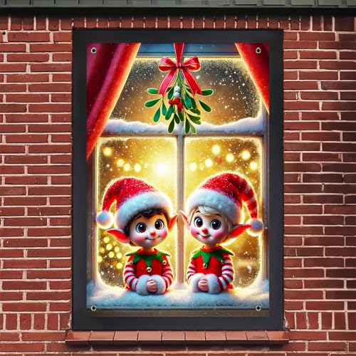 BlissYard Xmas Window Banner 31x47 Elves Twin Scene - Christmas Window Decorating Banner (Variation THIS listing: Christmas Window Banner#1)