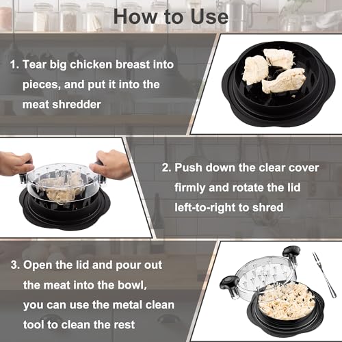 Twist Chicken & Meat Shredder Tool with Clear Lid, Fork & Brush - Black