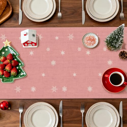 OTOSTAR Merry Christmas Table Runner 13x72 Inch - Pink Tree Snowflake Farmhouse Kitchen Decor