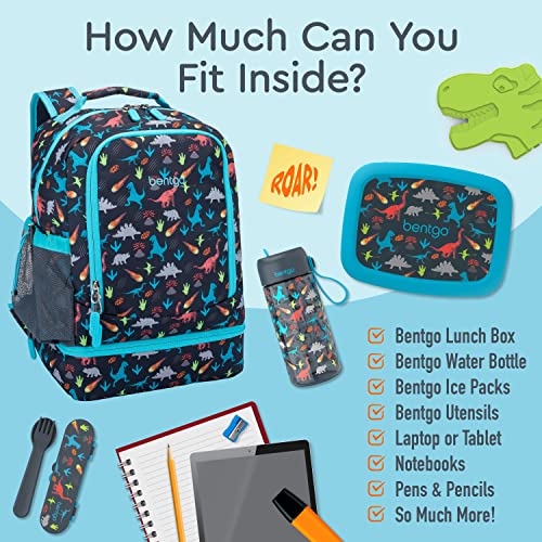 Bentgo Kids 2-in-1 Backpack & Insulated Lunch Bag - Durable 16¡± Backpack & Lunch Container in Unique Prints for School & Travel - Water Resistant, Padded & Large Compartments (Dinosaur)