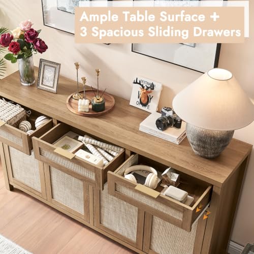 63-inch Rattan Sideboard Buffet Cabinet with 4 Doors and 3 Drawers