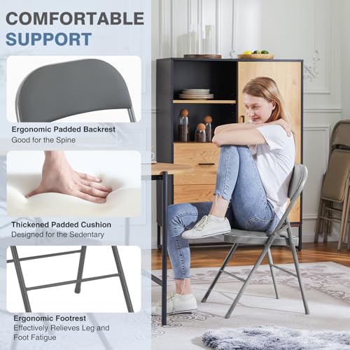Padded Folding Chairs 2-Pack, Heavy Duty PU Leather Dining Chairs, Grey