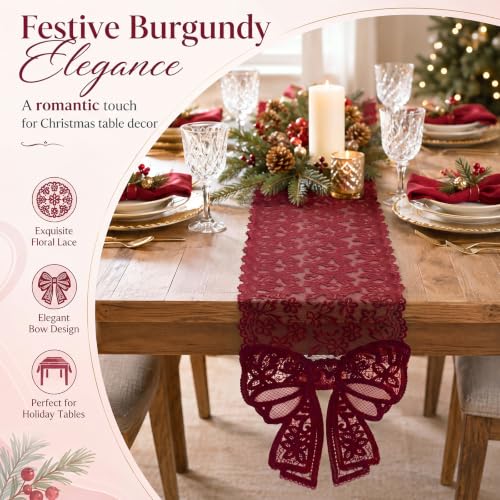 Windkream Burgundy Lace Table Runner with Bow Ends 12x71 Inch for Holiday & Wedding Decor