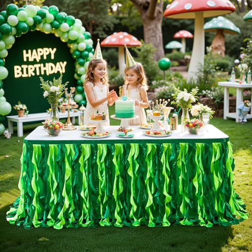 9ft Green Sequin Curly Willow Table Skirt for Tropical Party Decor