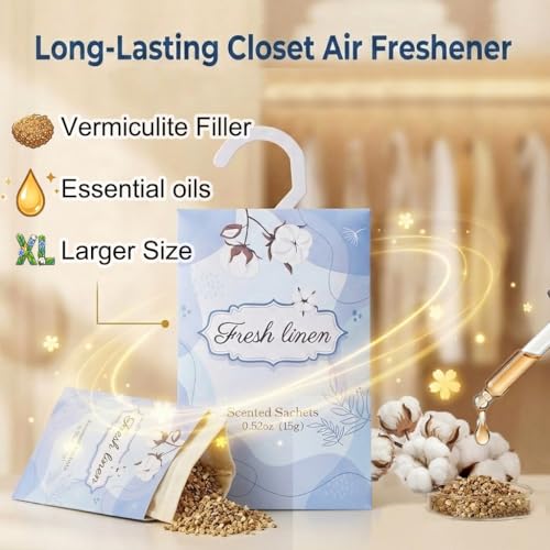 Fresh Linen Closet Air Freshener Sachets with Hanging Hook, 12-Pack