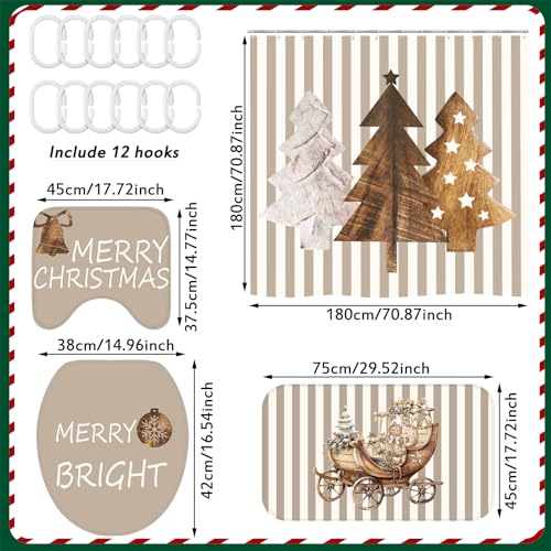 Drydiet 4-Piece Christmas Rustic Bathroom Decor Set with Shower Curtain & Rugs, Brown
